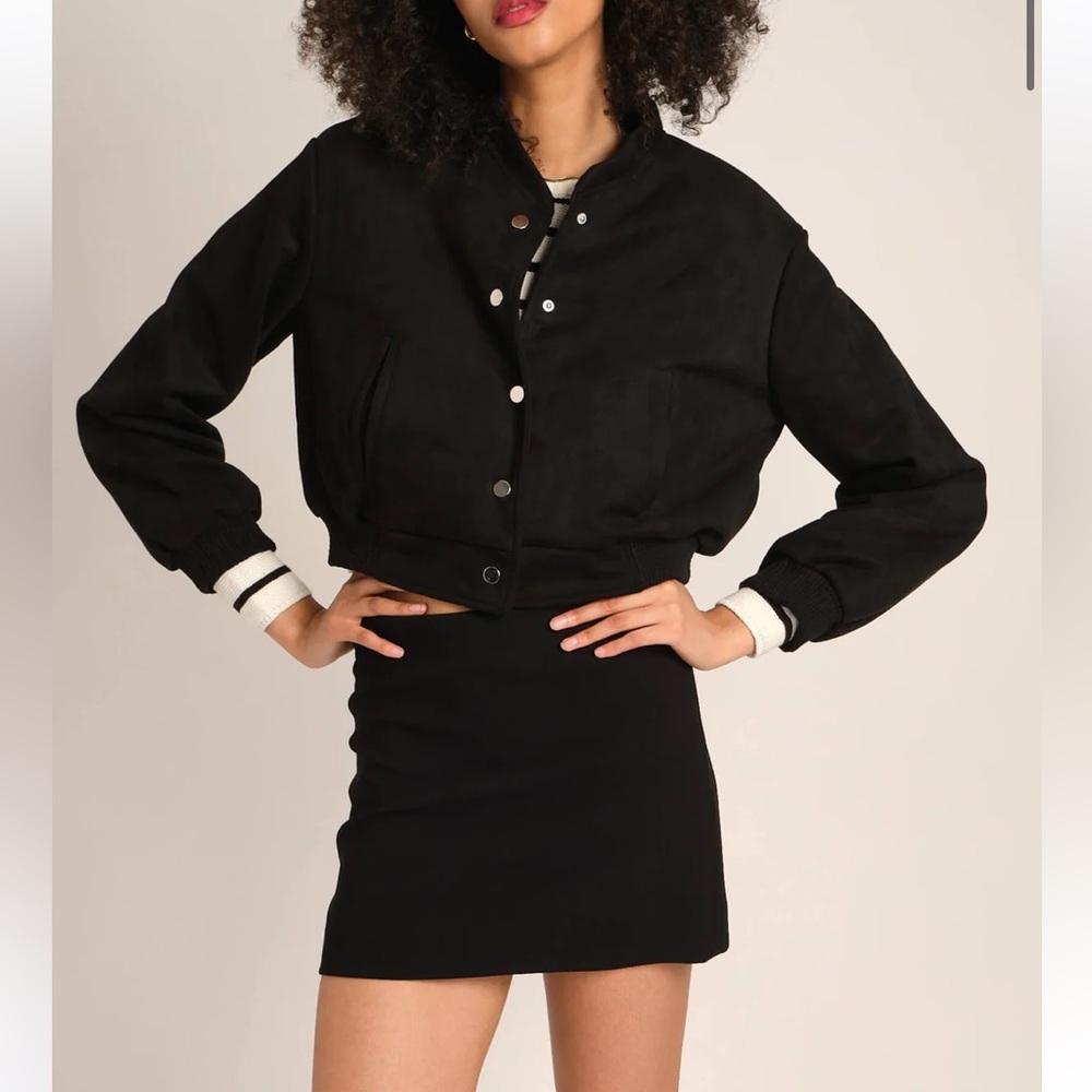 Truth Black Faux Suede Cropped Bomber Jacket - Medium